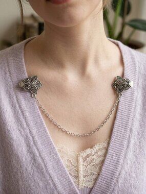 Silver-Tone Butterfly Sweater Clip, Ornate Filigree Cardigan Guard, 7.5"